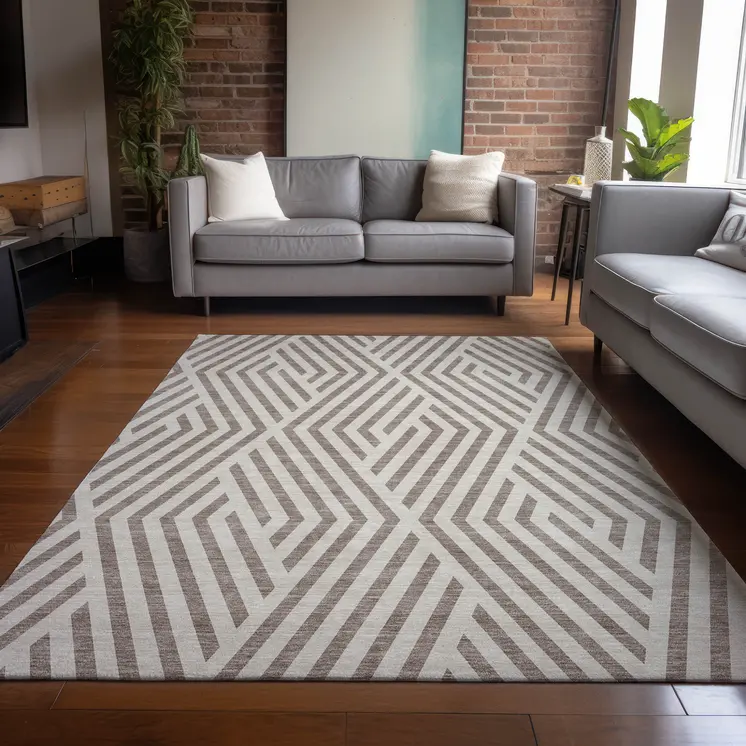 10' X 14' Taupe and Ivory Geometric Washable Non Skid Indoor Outdoor Area Rug