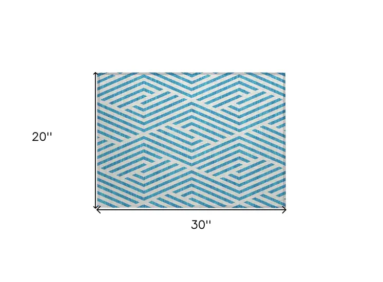 2' X 3' Teal and White Geometric Washable Non Skid Indoor Outdoor Area Rug