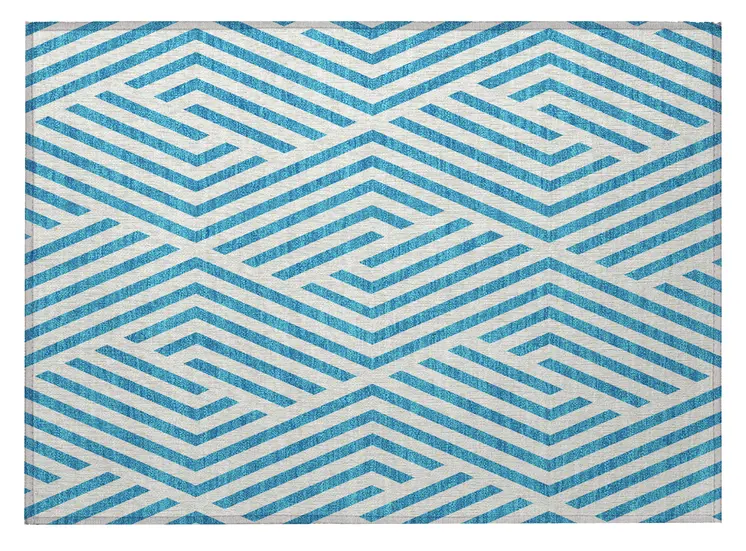 2' X 3' Teal and White Geometric Washable Non Skid Indoor Outdoor Area Rug