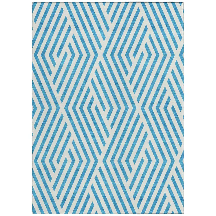 3' X 5' Teal and White Geometric Washable Non Skid Indoor Outdoor Area Rug