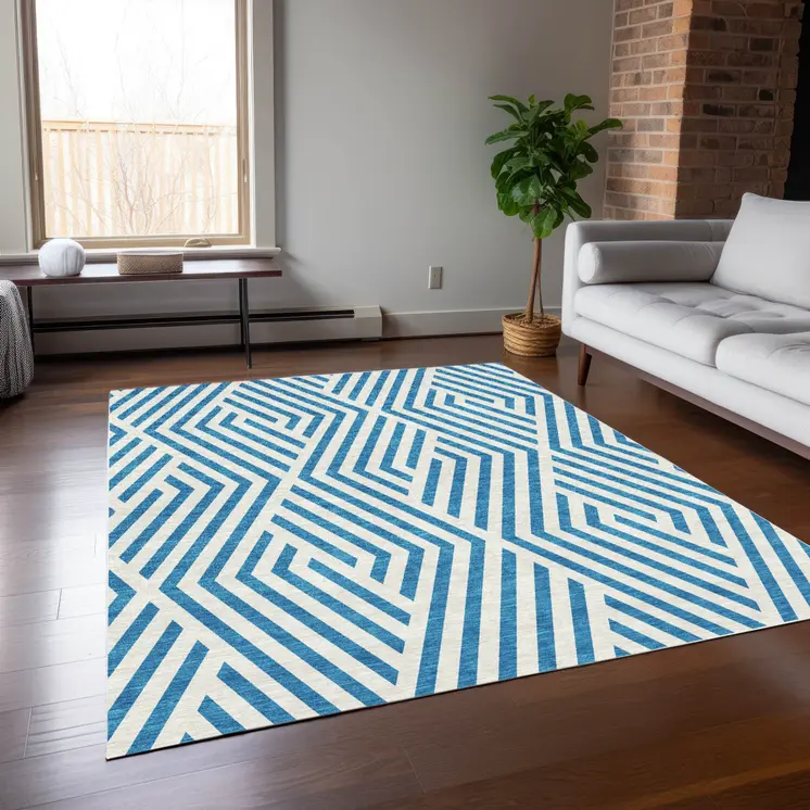 3' X 5' Teal and White Geometric Washable Non Skid Indoor Outdoor Area Rug