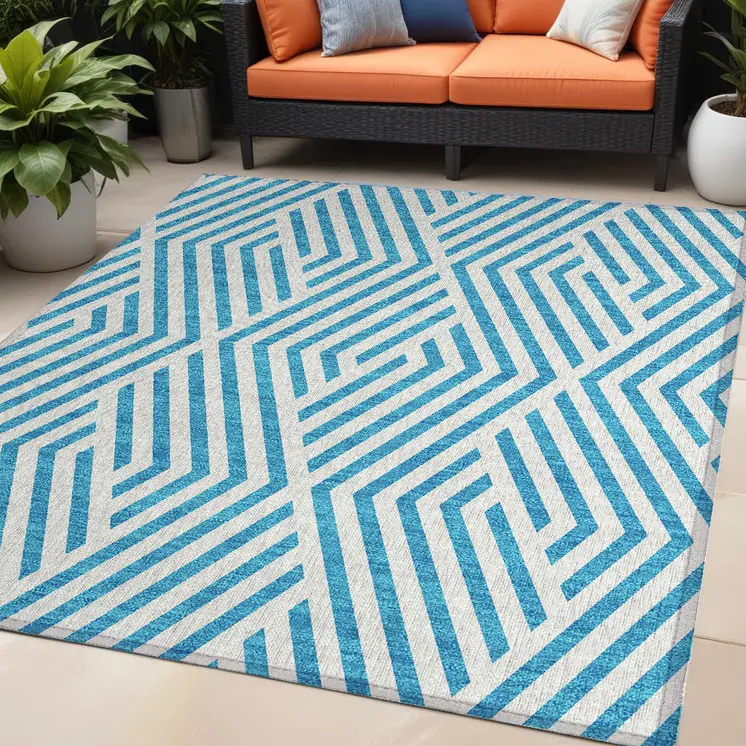 5' X 8' Teal and White Geometric Washable Non Skid Indoor Outdoor Area Rug