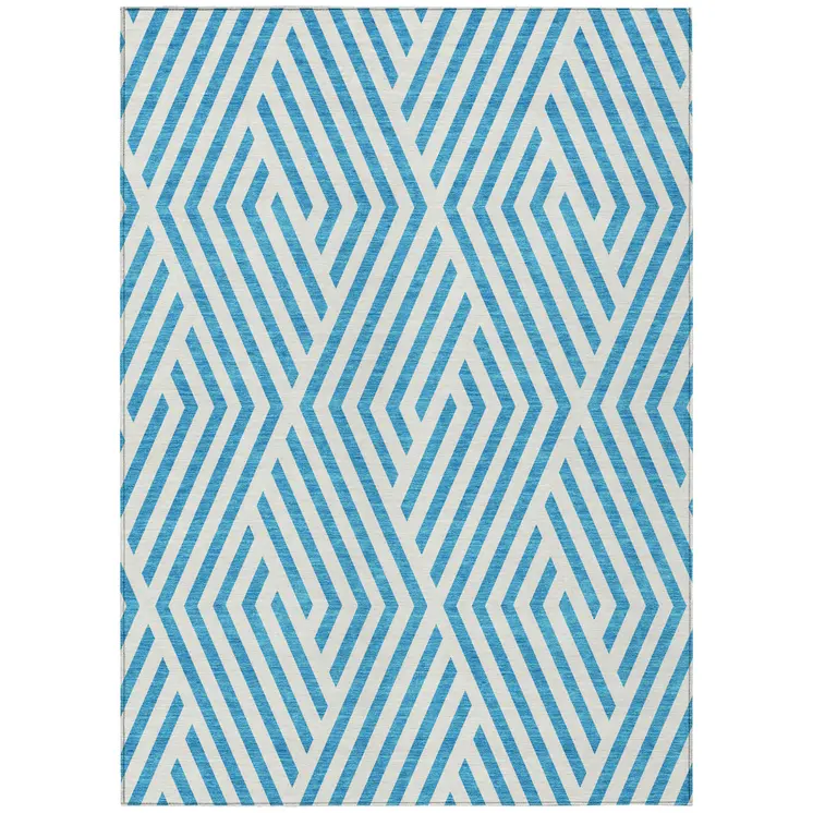 5' X 8' Teal and White Geometric Washable Non Skid Indoor Outdoor Area Rug
