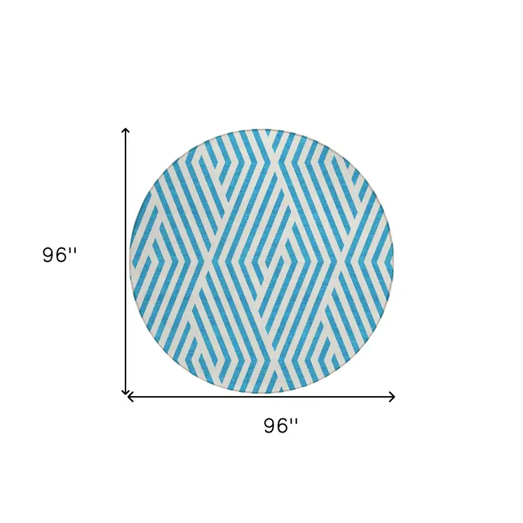 8' Round Teal and White Round Geometric Washable Non Skid Indoor Outdoor Area Rug