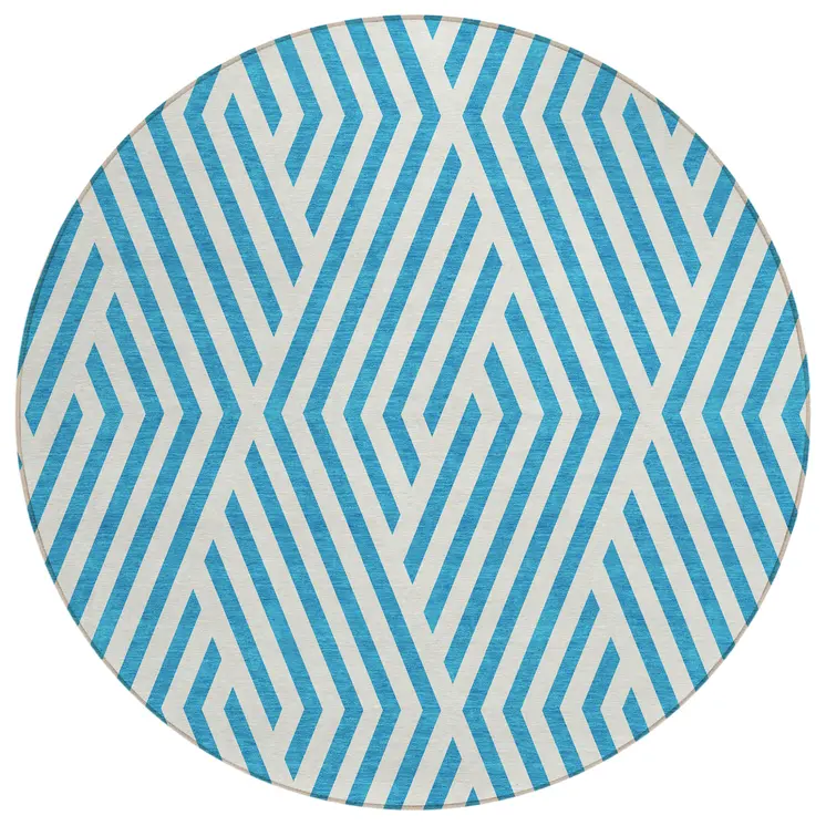 8' Round Teal and White Round Geometric Washable Non Skid Indoor Outdoor Area Rug