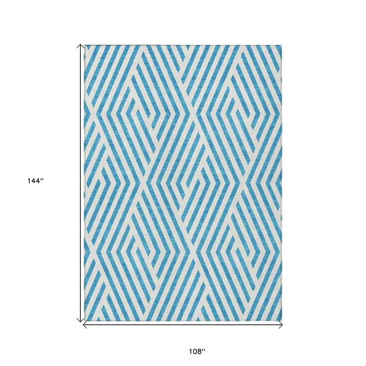 9' X 12' Teal and White Geometric Washable Non Skid Indoor Outdoor Area Rug