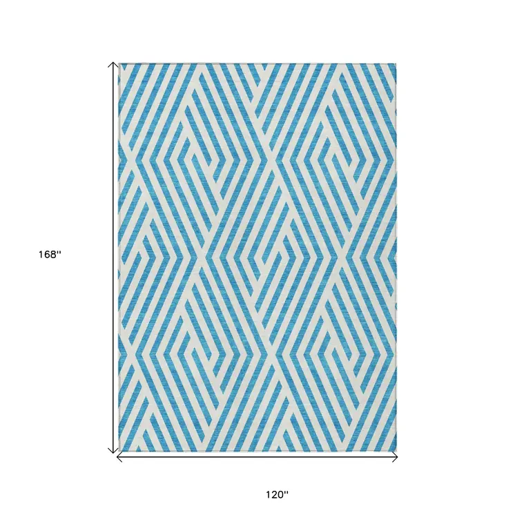 10' X 14' Teal and White Geometric Washable Non Skid Indoor Outdoor Area Rug