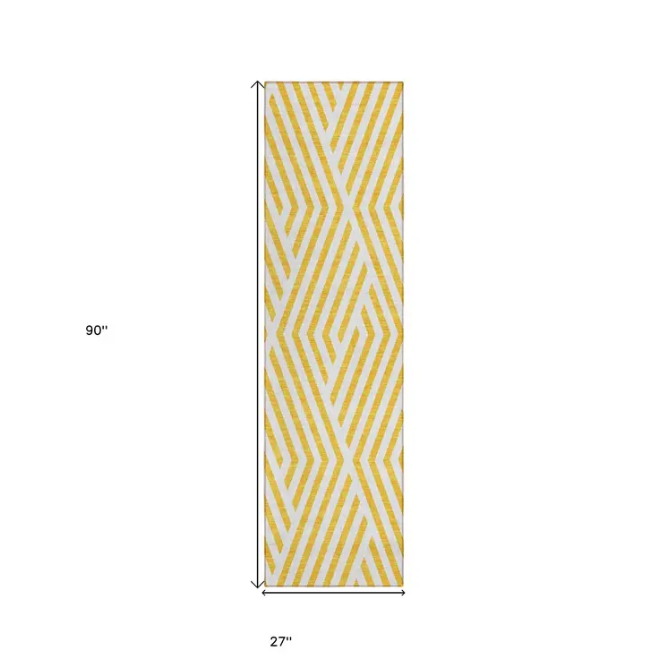 8' Gold And White Geometric Washable Indoor Outdoor Runner Rug