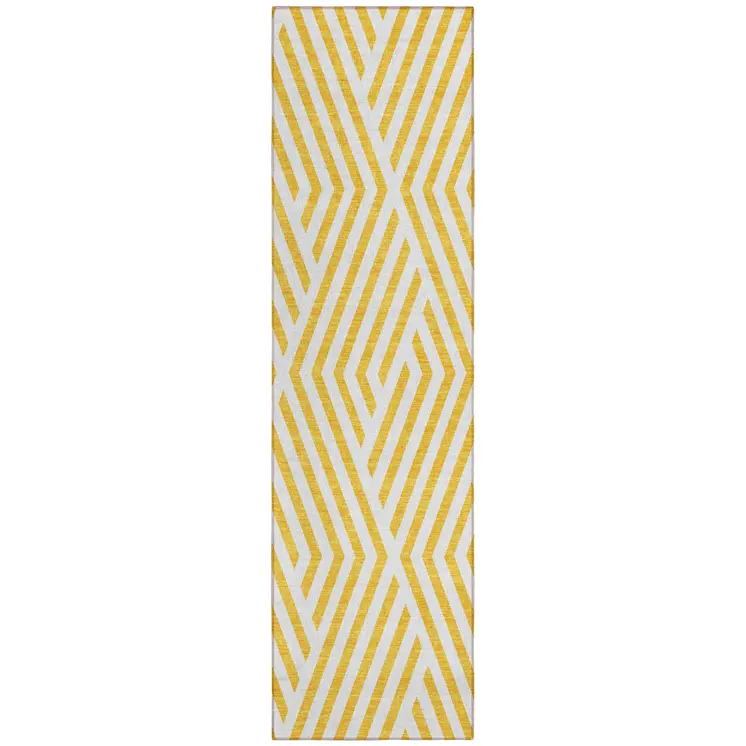 8' Gold And White Geometric Washable Indoor Outdoor Runner Rug