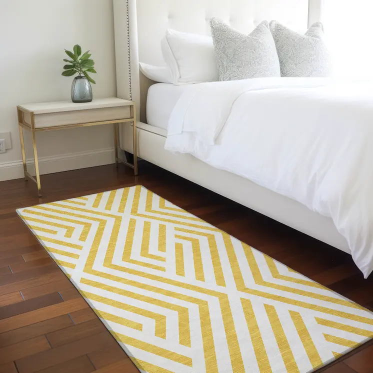 8' Gold And White Geometric Washable Indoor Outdoor Runner Rug