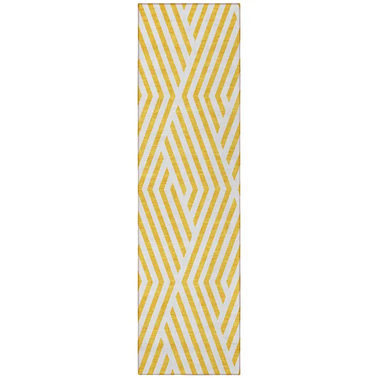 8' Gold And White Geometric Washable Indoor Outdoor Runner Rug