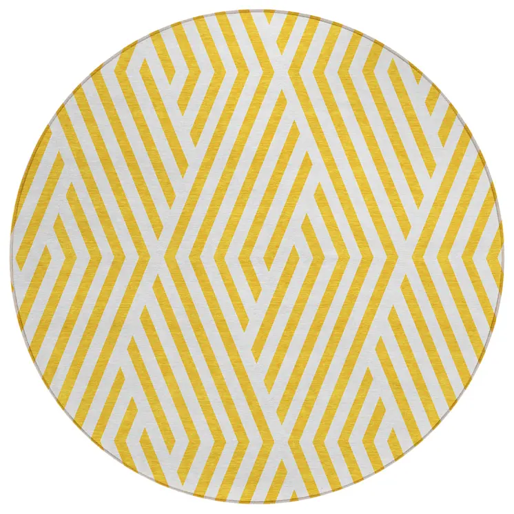 8' Round Gold and White Round Geometric Washable Non Skid Indoor Outdoor Area Rug