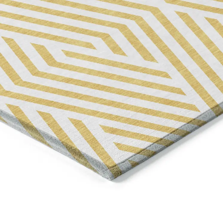 9' X 12' Gold And White Geometric Washable Indoor Outdoor Area Rug
