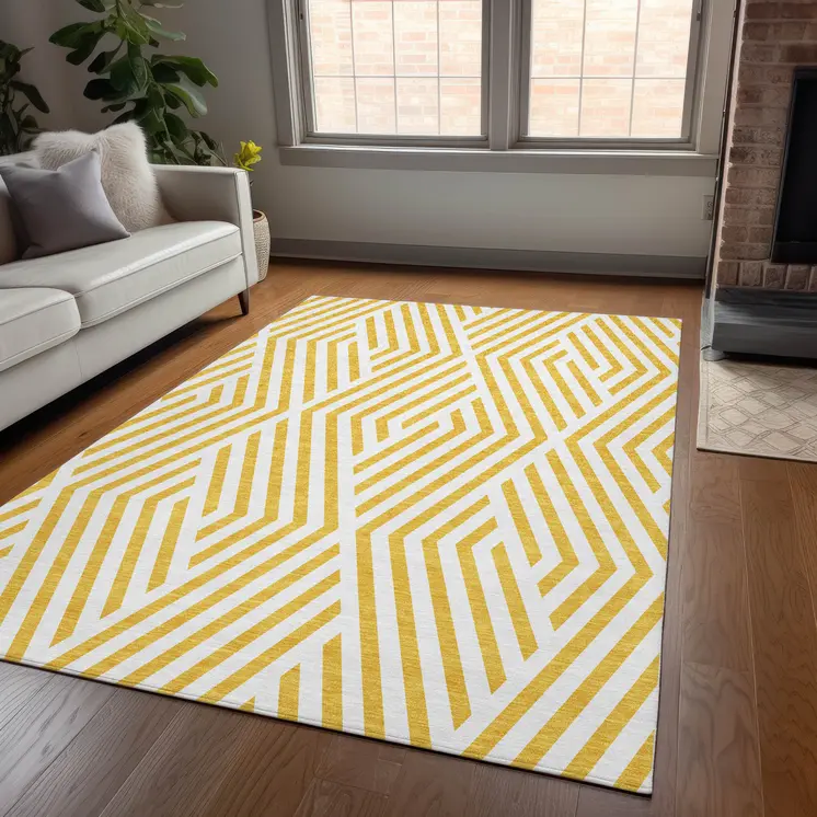 9' X 12' Gold And White Geometric Washable Indoor Outdoor Area Rug