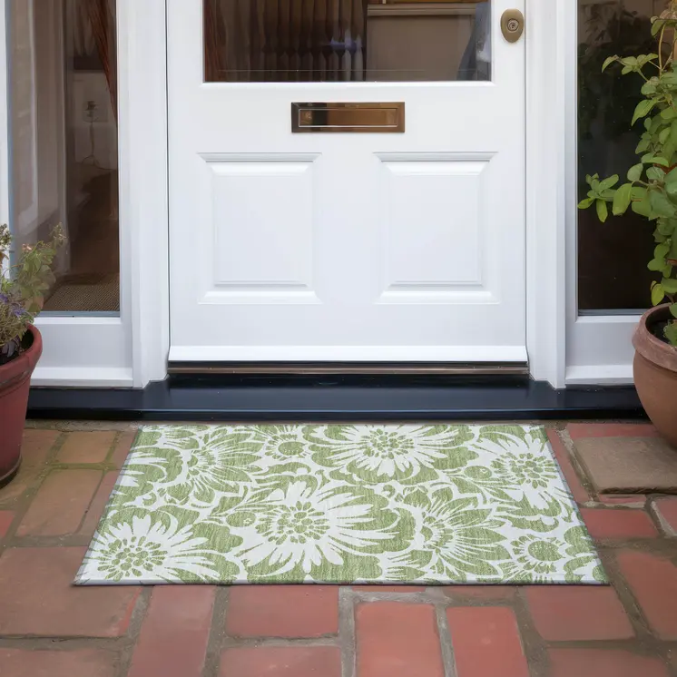 2' X 3' Green and Ivory Floral Washable Non Skid Indoor Outdoor Area Rug