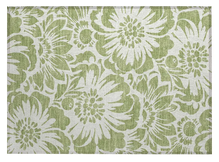 2' X 3' Green and Ivory Floral Washable Non Skid Indoor Outdoor Area Rug
