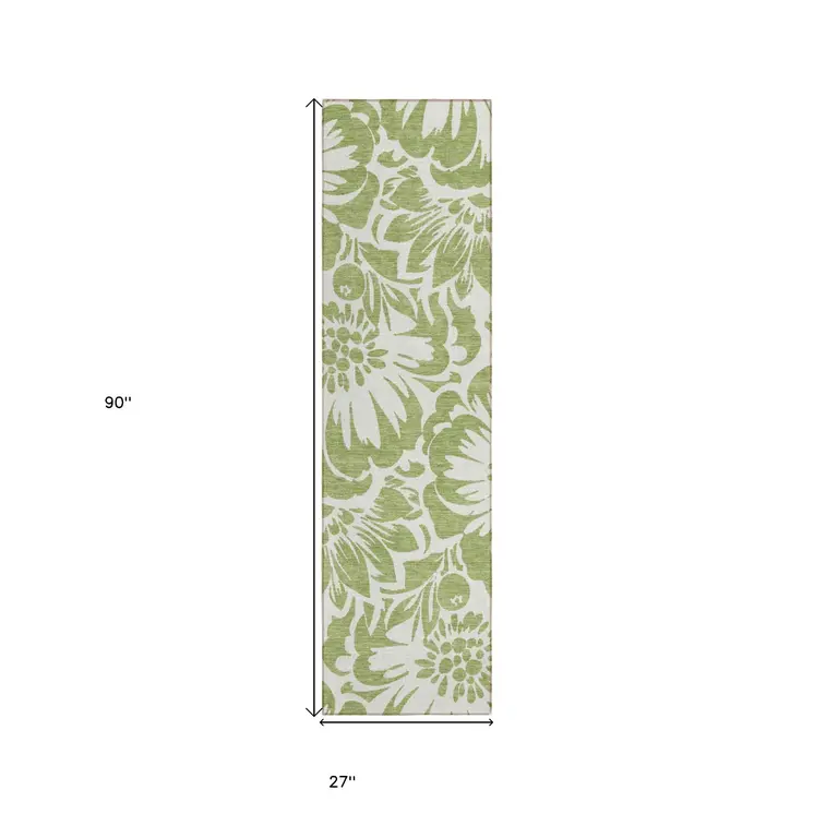 8' Runner Green and Ivory Floral Washable Non Skid Indoor Outdoor Runner Rug