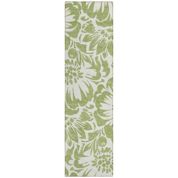 8' Runner Green and Ivory Floral Washable Non Skid Indoor Outdoor Runner Rug