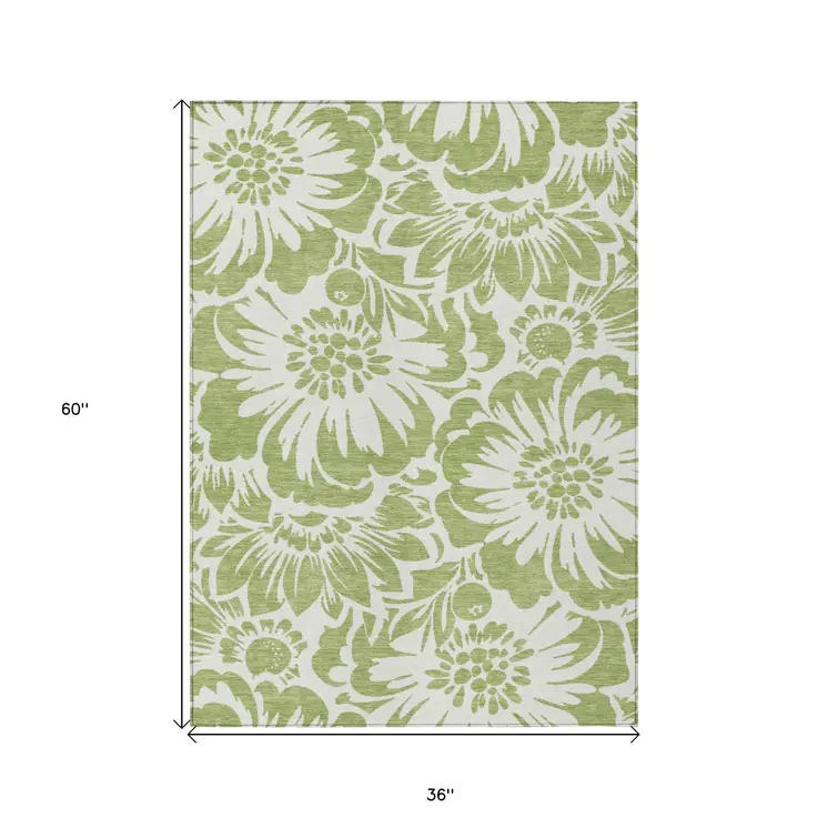 3' X 5' Green and Ivory Floral Washable Non Skid Indoor Outdoor Area Rug