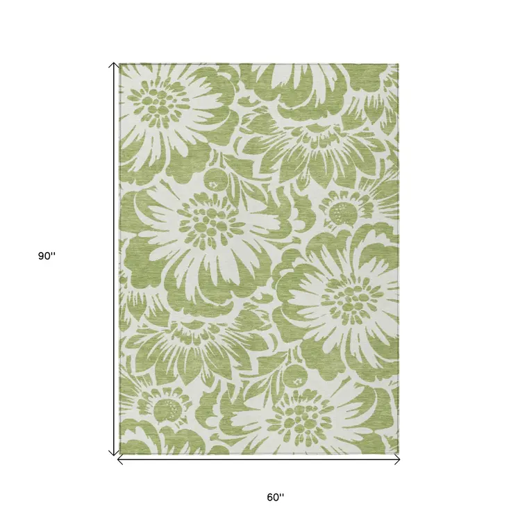 5' X 8' Green and Ivory Floral Washable Non Skid Indoor Outdoor Area Rug