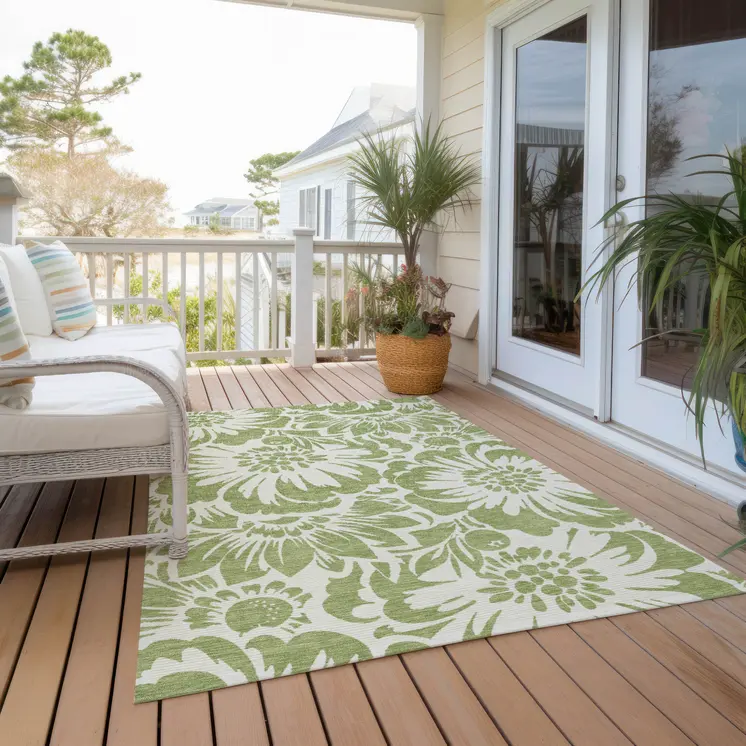 5' X 8' Green and Ivory Floral Washable Non Skid Indoor Outdoor Area Rug