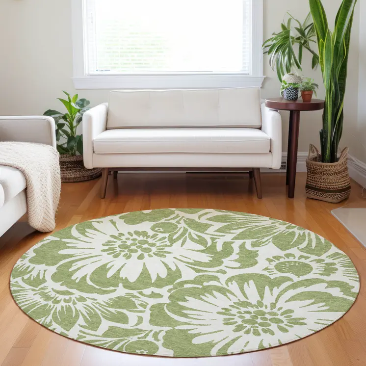 8' Round Green and Ivory Round Floral Washable Non Skid Indoor Outdoor Area Rug