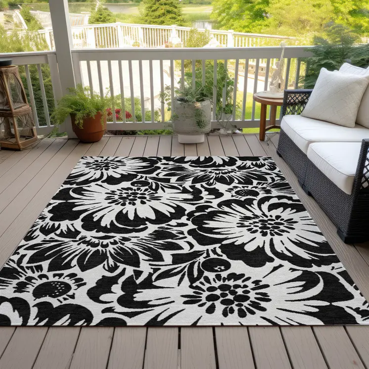9' X 12' Black and Ivory Floral Washable Non Skid Indoor Outdoor Area Rug
