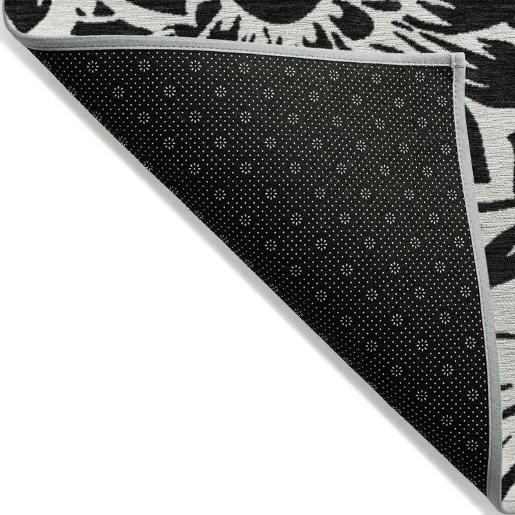 9' X 12' Black and Ivory Floral Washable Non Skid Indoor Outdoor Area Rug