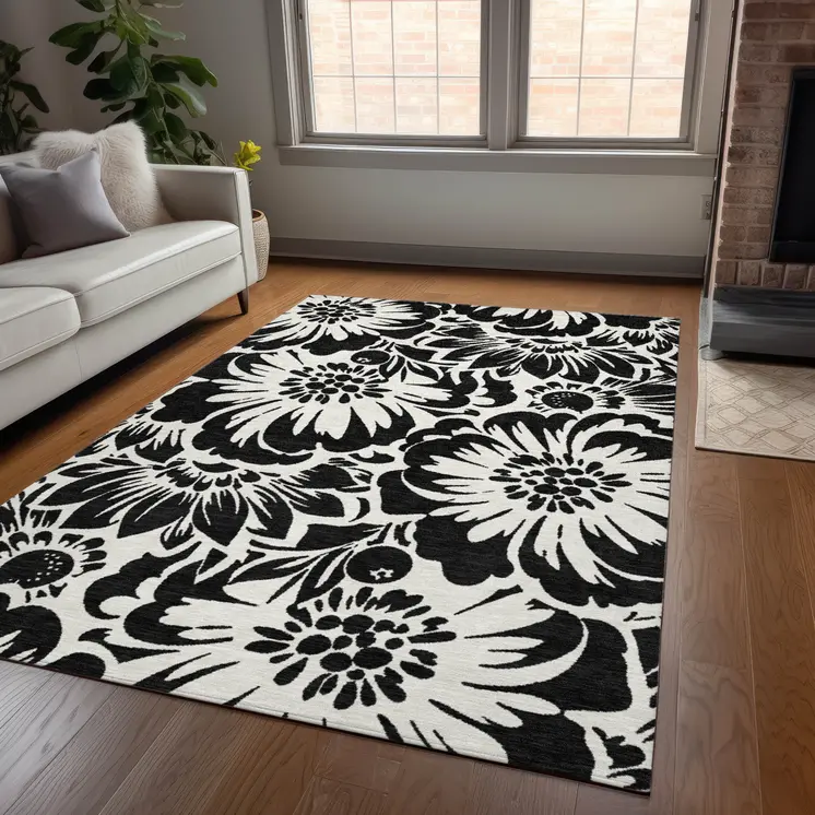 9' X 12' Black and Ivory Floral Washable Non Skid Indoor Outdoor Area Rug
