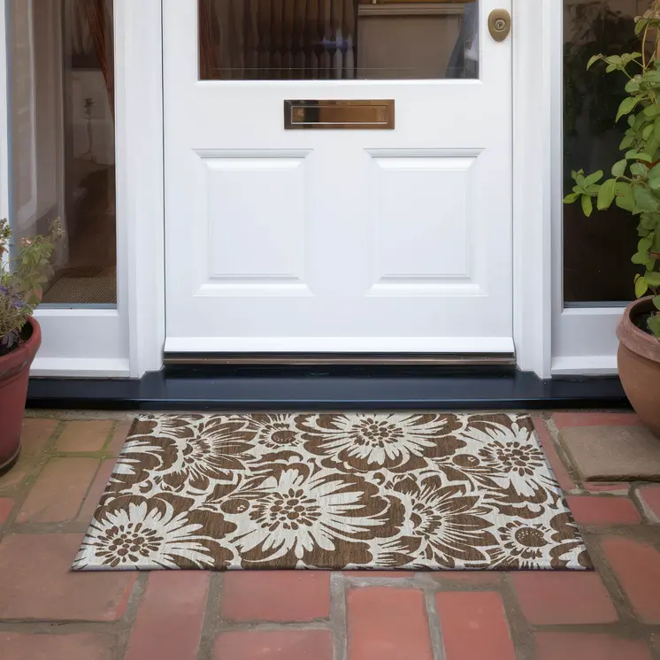 2' X 3' Brown and Ivory Floral Washable Non Skid Indoor Outdoor Area Rug