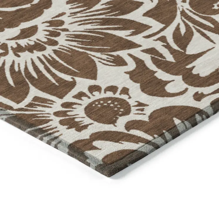 2' X 3' Brown and Ivory Floral Washable Non Skid Indoor Outdoor Area Rug