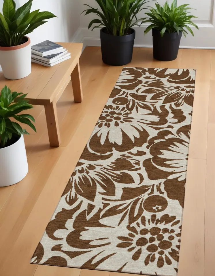 8' Brown And Ivory Floral Washable Indoor Outdoor Runner Rug