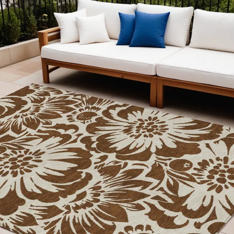 9' X 12' Brown And Ivory Floral Washable Indoor Outdoor Area Rug