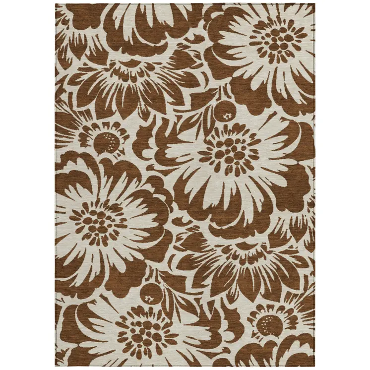 10' X 14' Brown and Ivory Floral Washable Non Skid Indoor Outdoor Area Rug