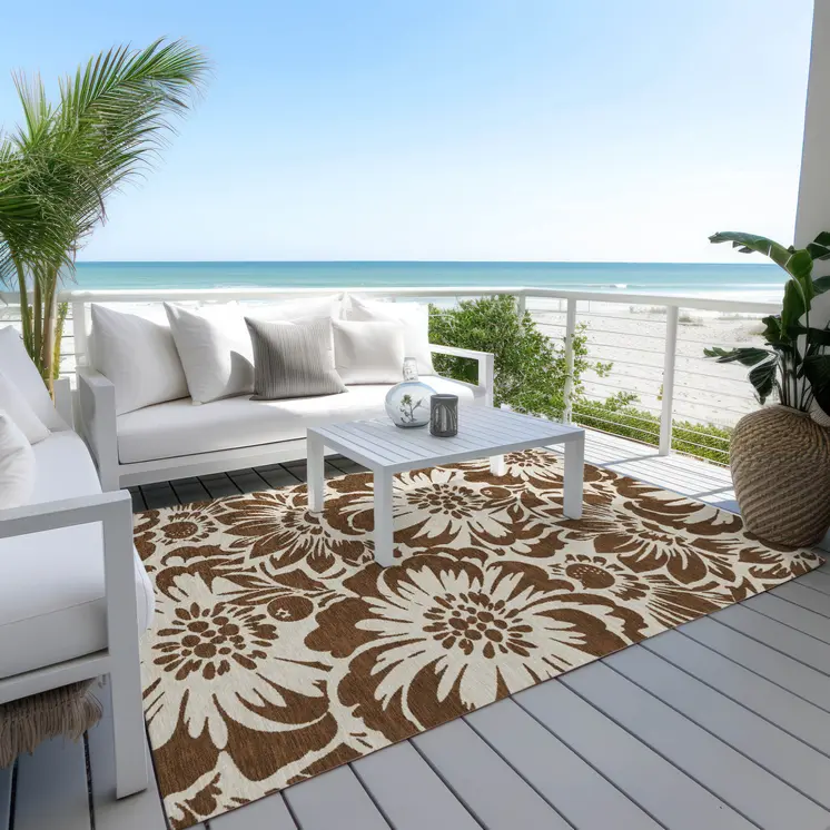 10' X 14' Brown and Ivory Floral Washable Non Skid Indoor Outdoor Area Rug