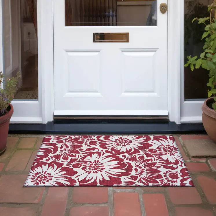 2' X 3' Burgundy and White Floral Washable Non Skid Indoor Outdoor Area Rug