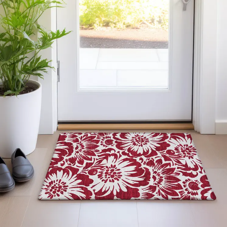 2' X 3' Burgundy and White Floral Washable Non Skid Indoor Outdoor Area Rug