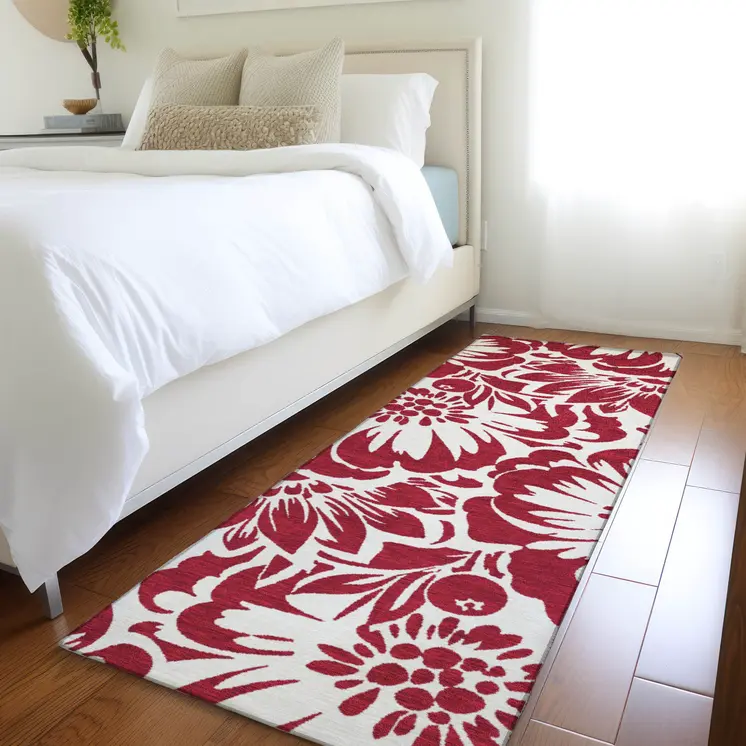 8' Runner Burgundy and White Floral Washable Non Skid Indoor Outdoor Runner Rug