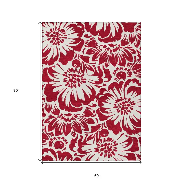 5' X 8' Burgundy and White Floral Washable Non Skid Indoor Outdoor Area Rug