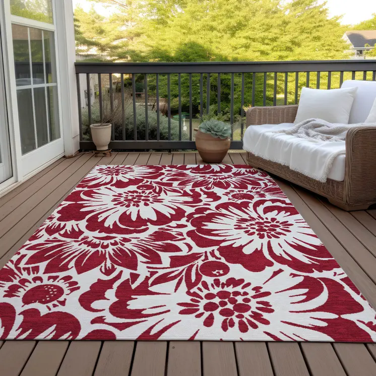 5' X 8' Burgundy and White Floral Washable Non Skid Indoor Outdoor Area Rug
