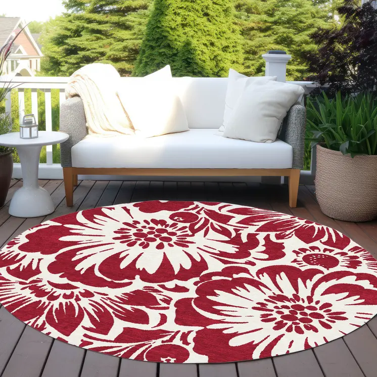 8' Round Burgundy and White Round Floral Washable Non Skid Indoor Outdoor Area Rug