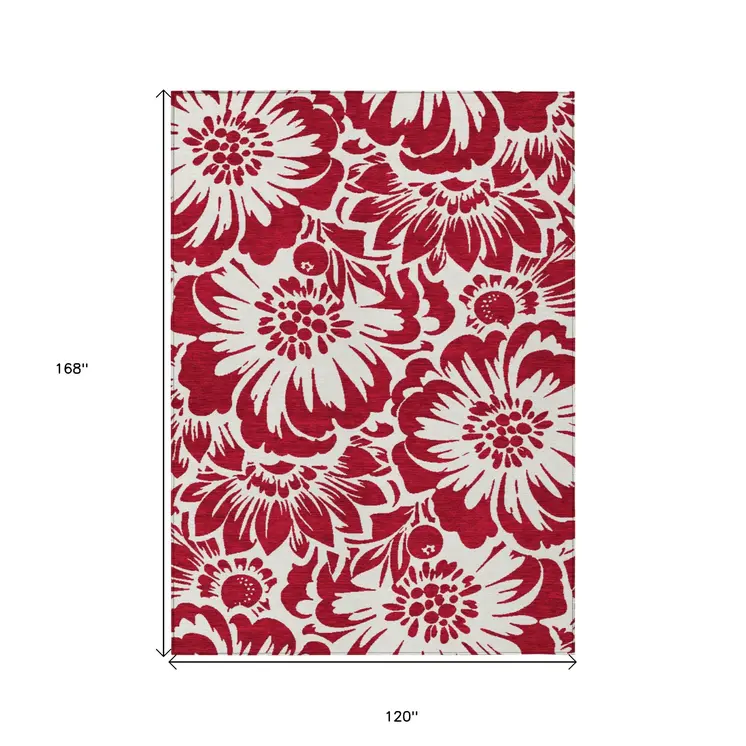 10' X 14' Burgundy and White Floral Washable Non Skid Indoor Outdoor Area Rug