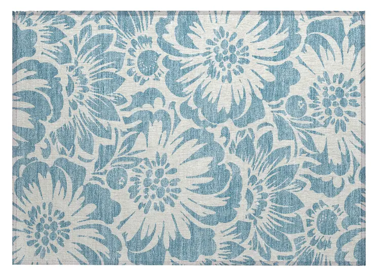 2' X 3' Denim and Ivory Floral Washable Non Skid Indoor Outdoor Area Rug