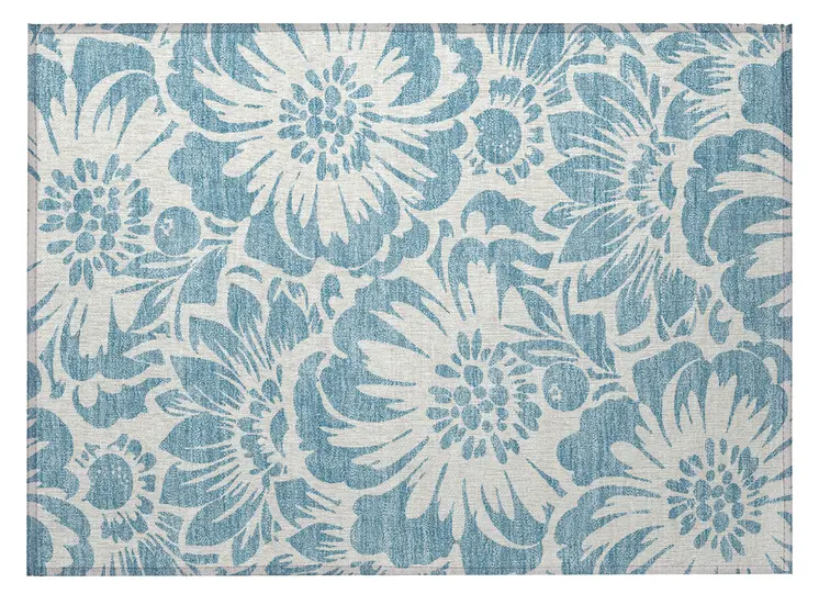 2' X 3' Denim and Ivory Floral Washable Non Skid Indoor Outdoor Area Rug