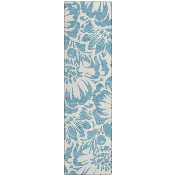 8' Runner Denim and Ivory Floral Washable Non Skid Indoor Outdoor Runner Rug