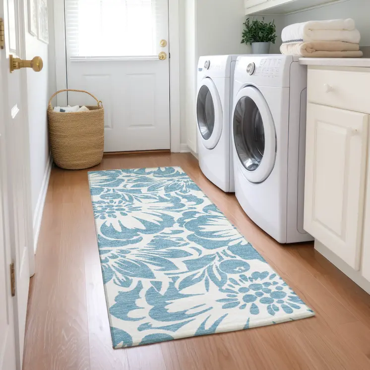 8' Runner Denim and Ivory Floral Washable Non Skid Indoor Outdoor Runner Rug