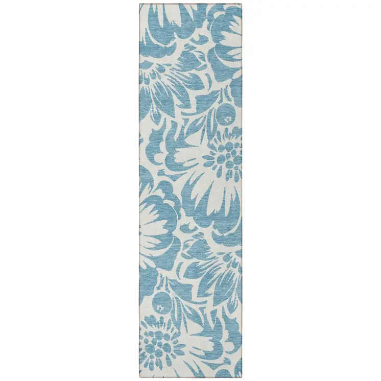 8' Runner Denim and Ivory Floral Washable Non Skid Indoor Outdoor Runner Rug