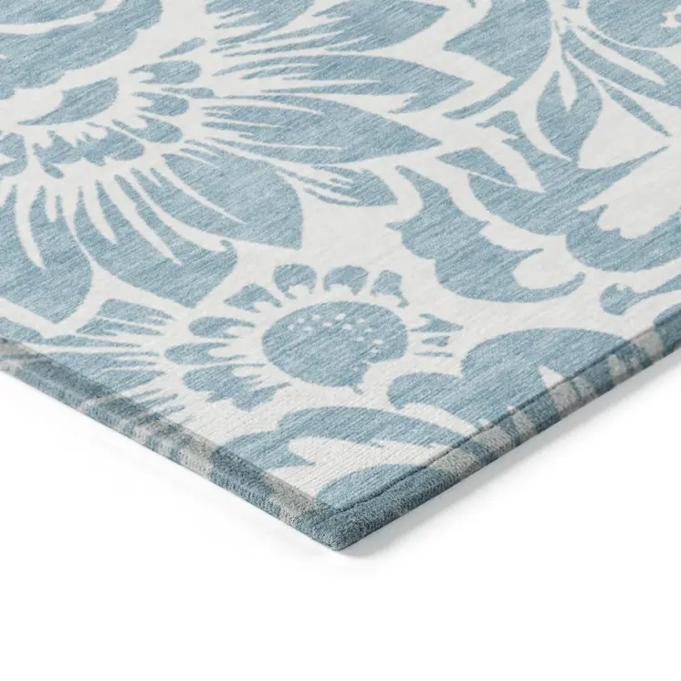 8' Round Denim and Ivory Round Floral Washable Non Skid Indoor Outdoor Area Rug