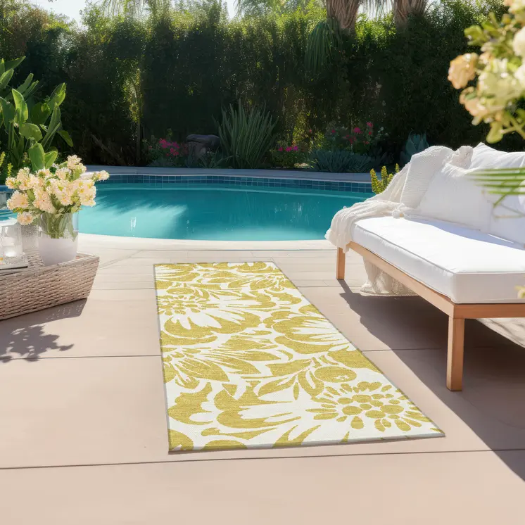 8' Runner Gold and White Floral Washable Non Skid Indoor Outdoor Runner Rug