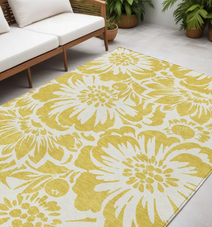 5' X 8' Gold and White Floral Washable Non Skid Indoor Outdoor Area Rug